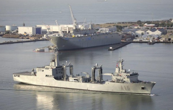 Spanish Armada Ship Cantabria in Port Phillip Bay sailing past NUSHIP Canberra.