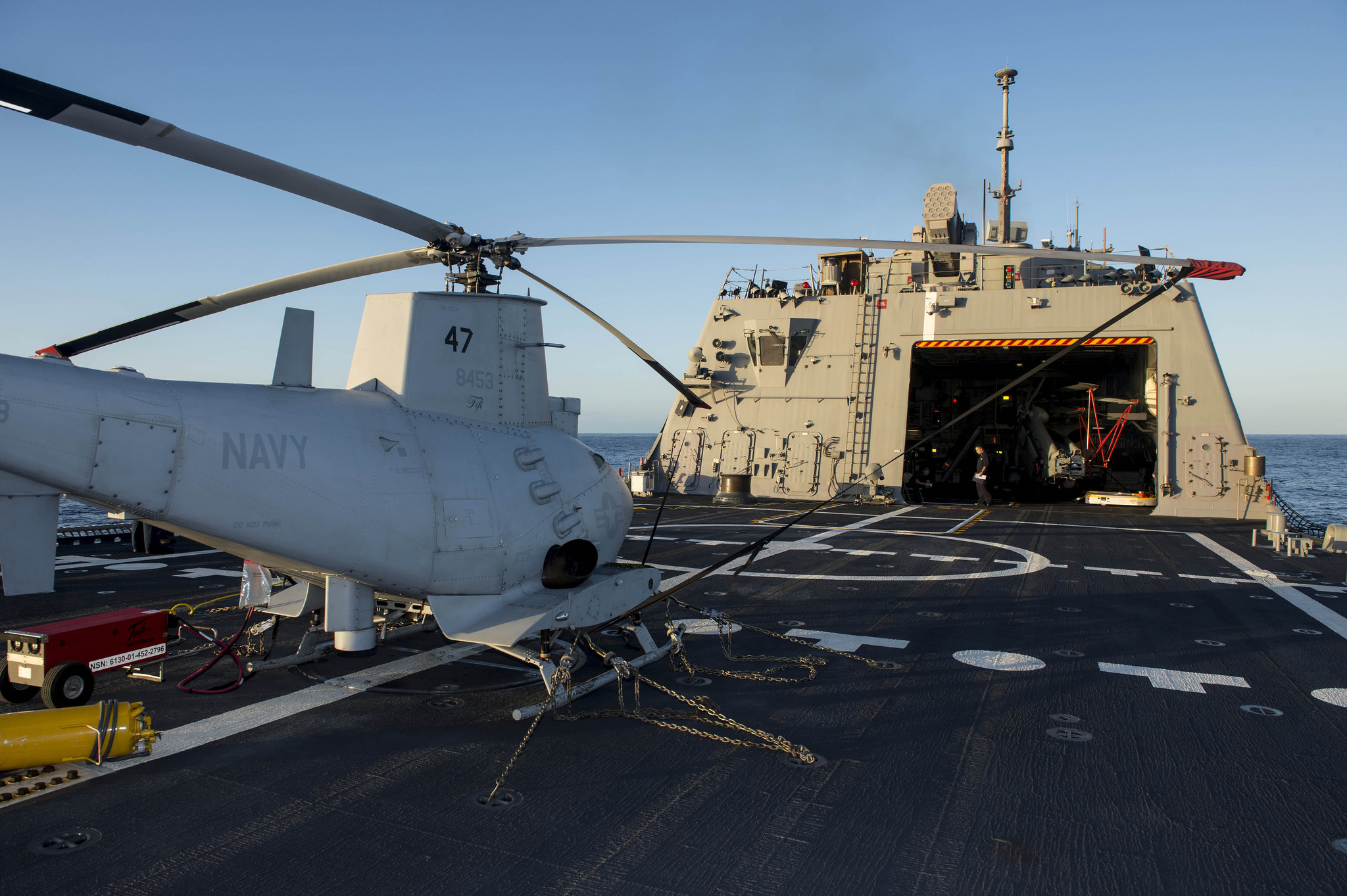 MQ-8B Fire Scout unmanned autonomous helicopter from the “Magicians” of Helicopter Maritime Strike Squadron (HSM) 35 Detachment 1 is prepared for flight operations aboard the littoral combat ship USS Fort Worth