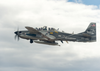 HOLLOMAN AIR FORCE BASE, N.M. (Aug. 1, 2017) A Embraer EMB 314 Super Tucano A-29 experimental aircraft flies over White Sands Missile Range. The A-29 is participating in the U.S. Air Force Light Attack Experiment (OA-X), a series of trials to determine the feasibility of using light aircraft in attack roles. (U.S. Air Force Photo by Ethan D. Wagner)