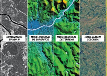 Exemplo de produtos derivados do radar de abertura sintética interferométrico (InSAR) nas bandas X e P