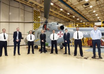Cdr Daniel da Silva and Portuguese Navy (PtN) accepting Portugal 1 at Leonardo Helicopters, Yeovil.